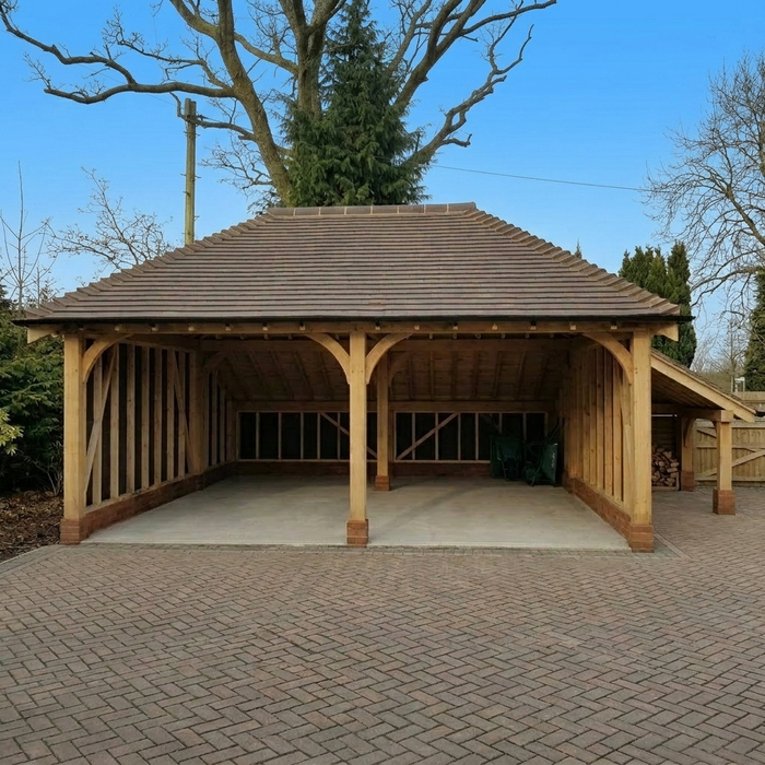 Solid Oak Double Garage with Log Store