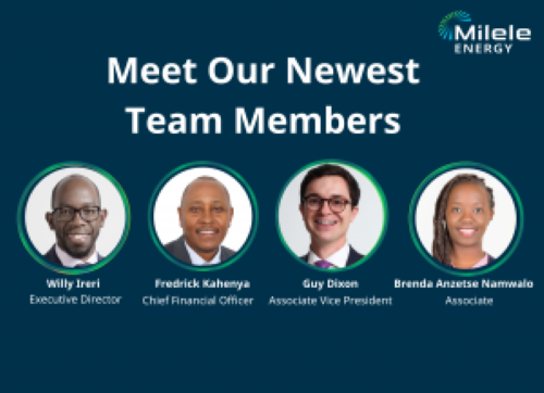 The expanded Milele Energy team based in Nairobi: Willy Ireri, Executive Director; Fredrick Kahenya, CFO; Guy Dixon, Associate VP; Brenda Anzetse Namwalo, Associate.
