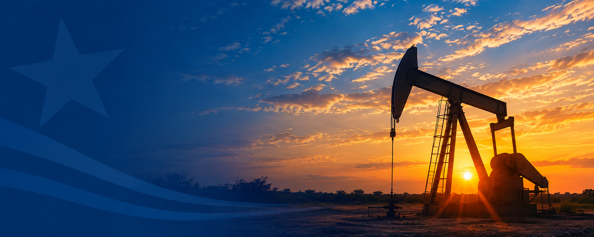 An oil pump jack silhouetted against a sunset sky with clouds and a blue background featuring a star and wavy stripes.