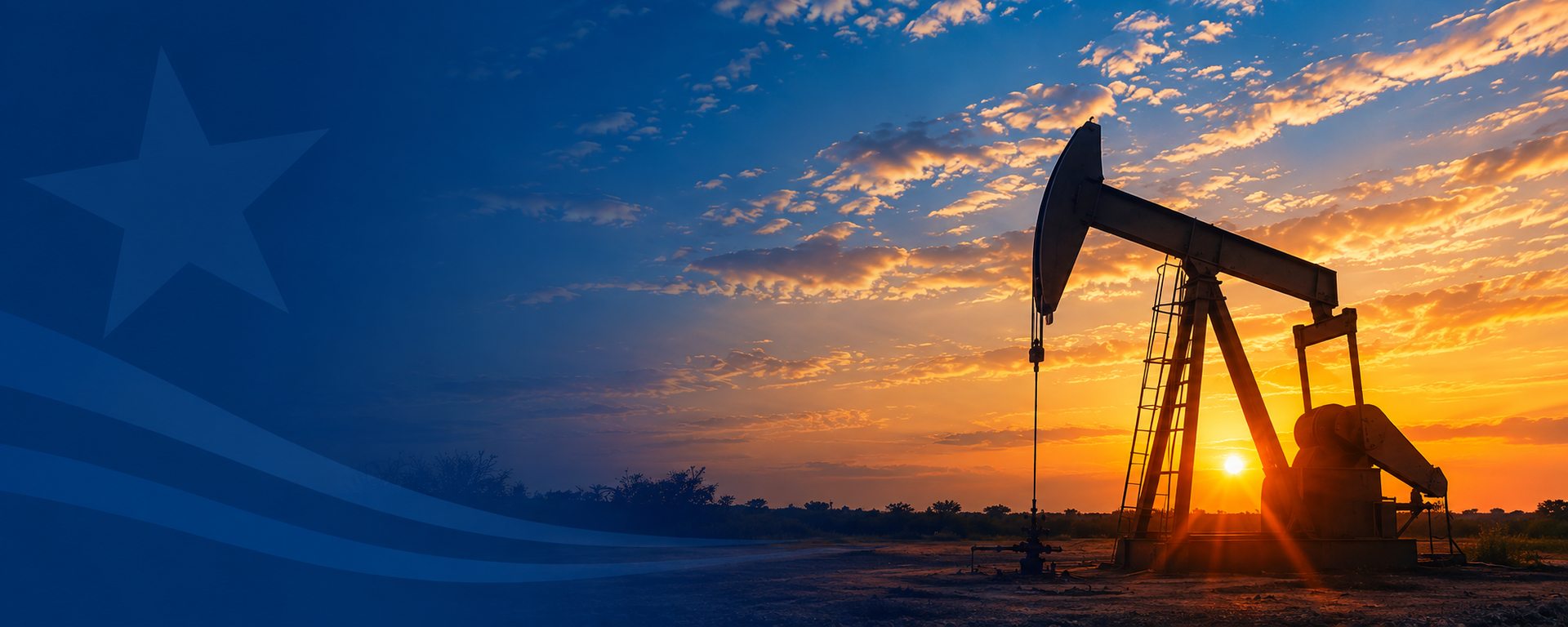 An oil pump jack silhouetted against a sunset sky with clouds and a blue background featuring a star and wavy stripes.