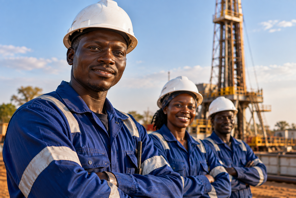 Three construction workers wearing helmets and blue overalls, standing confidently in front of a drilling rig.