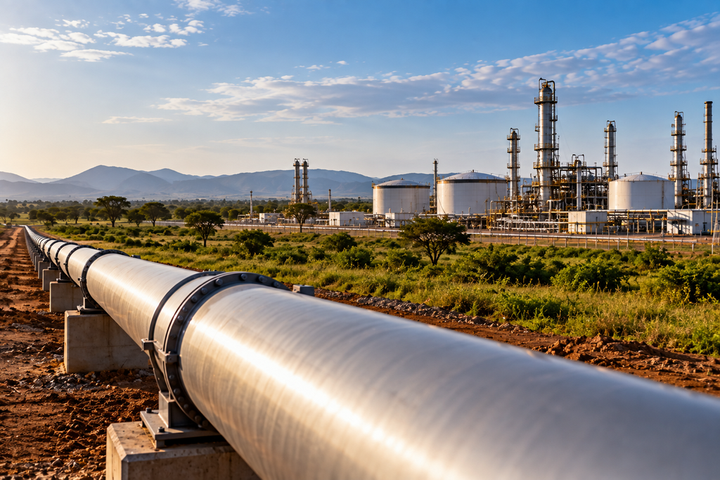 A large pipeline runs through a green landscape, leading towards an industrial facility with tanks and structures in the background, under a clear blue sky with mountains in the distance.