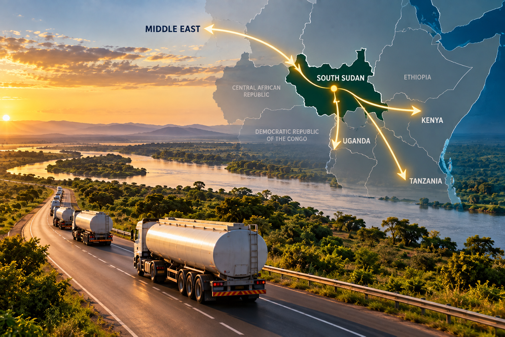 A map highlighting South Sudan and its connections to neighboring countries with a road and trucks transporting goods along a river at sunset.