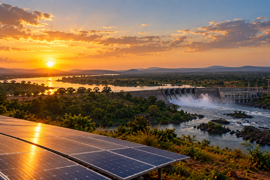 A sunset view over a river with solar panels in the foreground, showcasing a dam releasing water in the background.