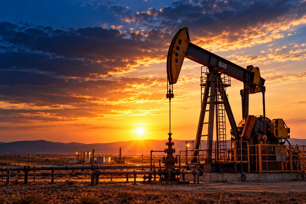 An oil pump jack silhouetted against a sunset sky with clouds, overlooking an industrial oil field.