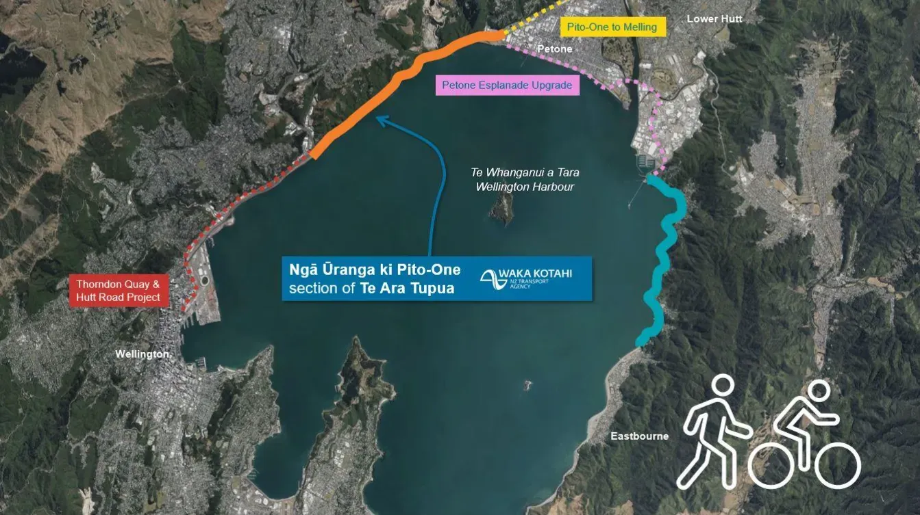 Location of Te Ara Tupua - Ngā Ūranga ki Pito-One, at Te Whanganui-a-Tara (Wellington Harbour)