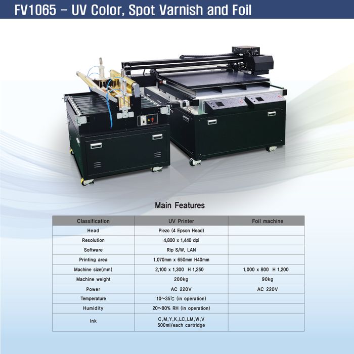 FV1065 - UV Color, Spot Varnish and Foil Flatbed Printer