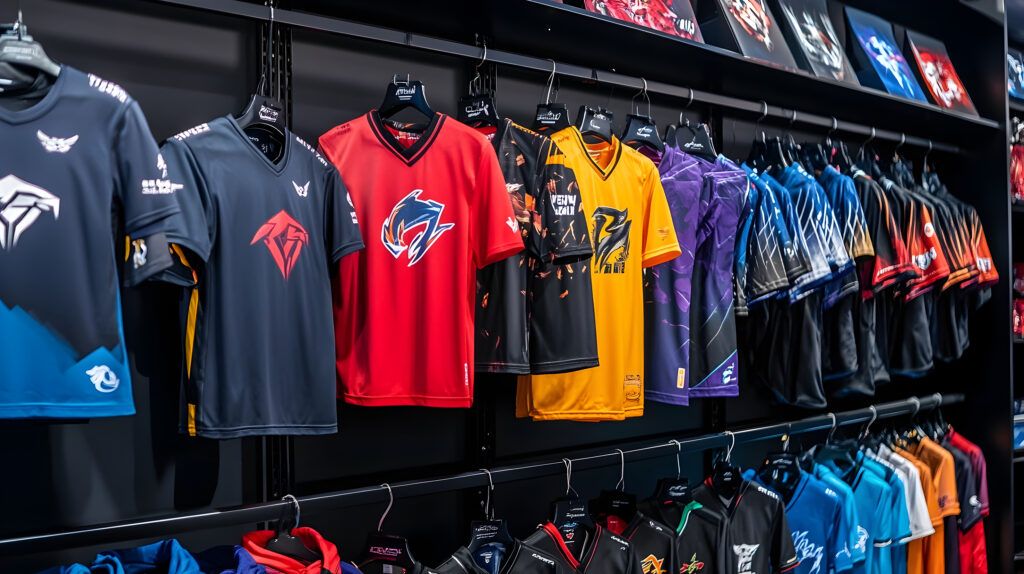 Colorful and Captivating Display of E Sports Branded Merchandise Including Jerseys Caps and Gaming Equipment for Passionate Fans and Competitive Players