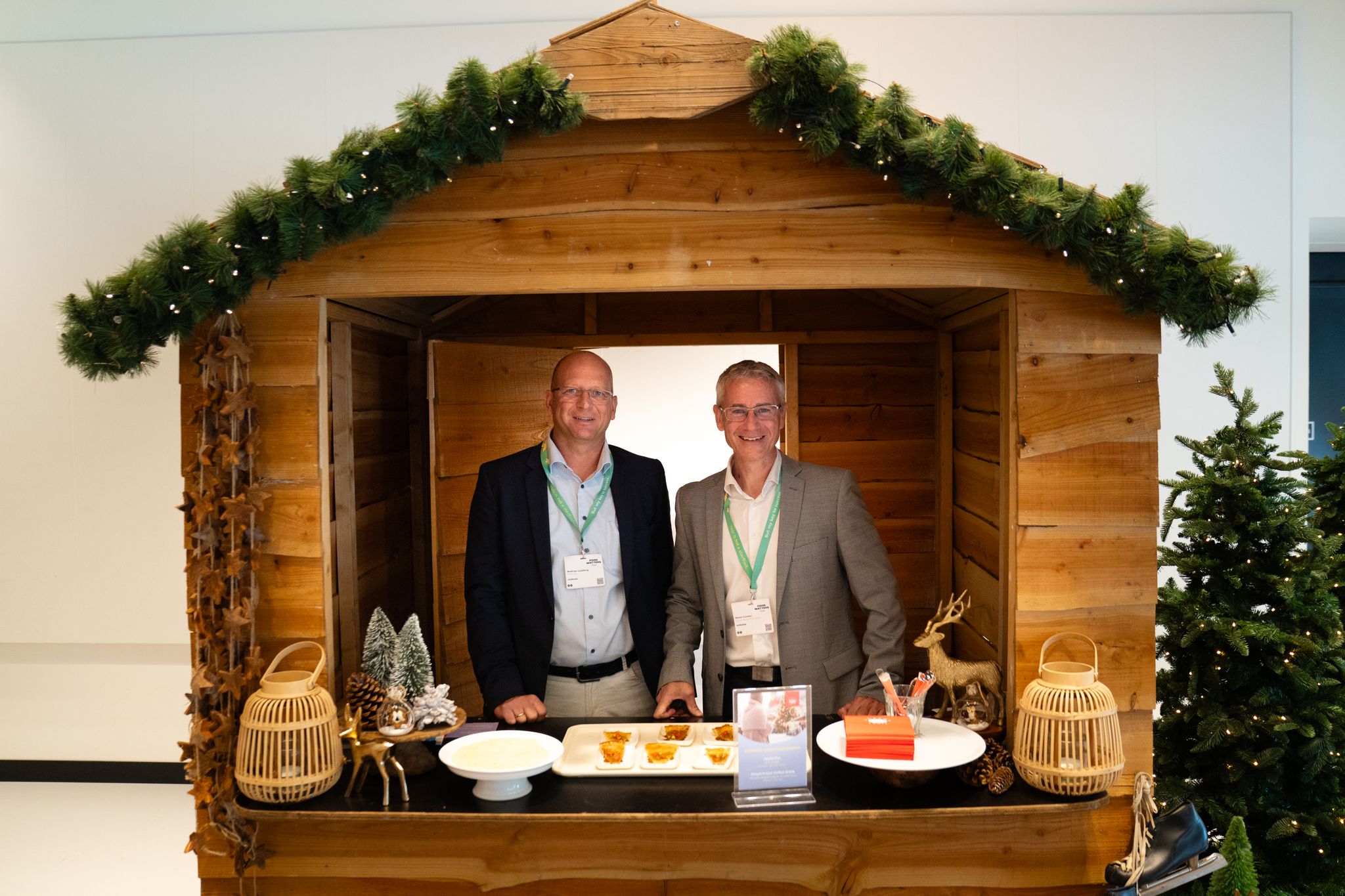 Two men in a cabin indoors
