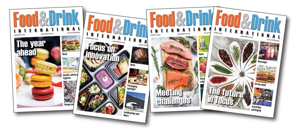 Covers of Food & Drink International magazine featuring food innovation, packaging, health, and industry trends