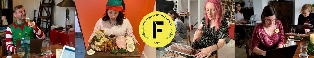 Five-panel collage from Free From Christmas Awards 2023 judging sessions