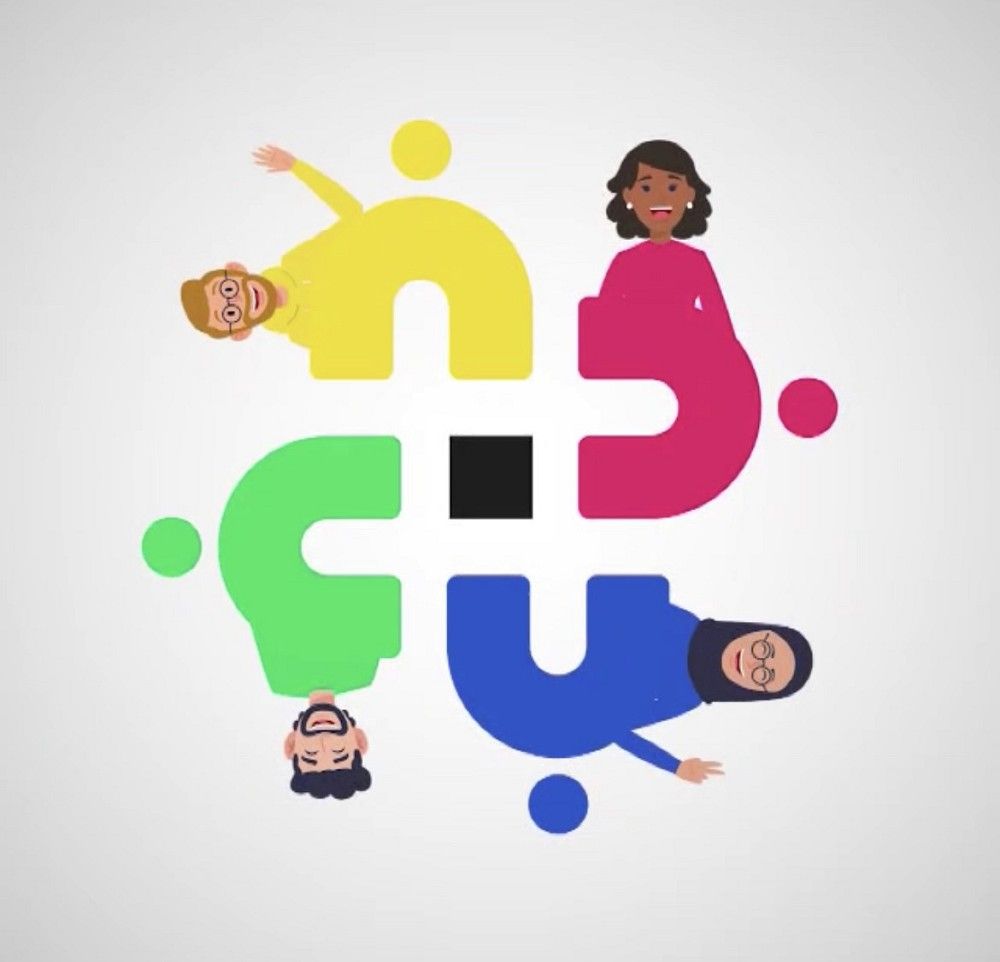 Illustration of diverse, smiling characters forming a circle around colorful question mark shapes, representing Hashtag Quiz's interactive trivia software designed to boost midweek venue engagement and repeat attendance.