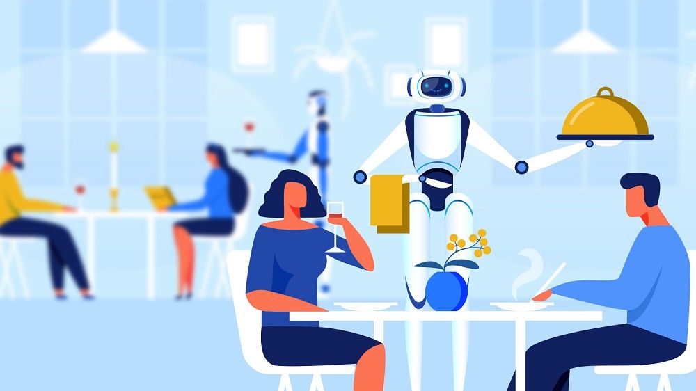 Illustrated robot serving food to diners in a smart, AI-driven restaurant setting