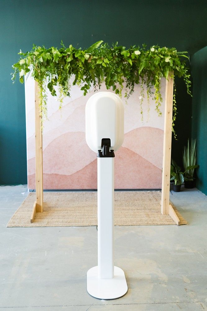 Rear view of a modern open-air photo booth with a greenery backdrop