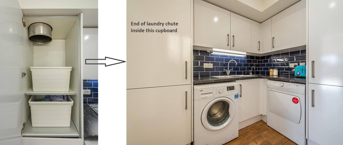 Laundry chutes and a central vacuum system