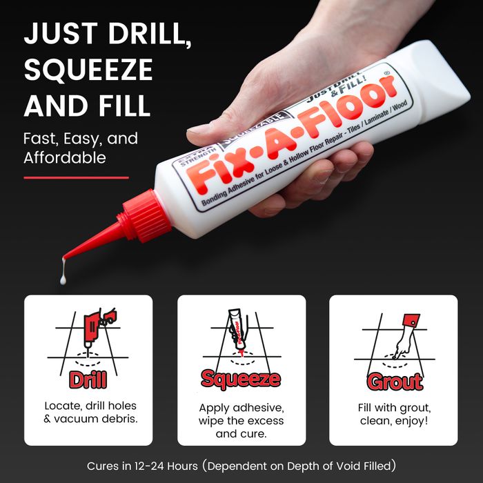 Fix-A-Floor Squeezable All-In-One Bonding Adhesive - For Loose & Hollow Tiles, Wood, LVT & Laminate - Extra Strength, Eco-Friendly & Non-Toxic - Includes Preservation Cap