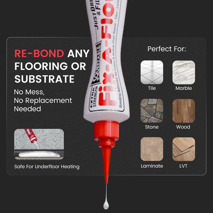 Fix-A-Floor Squeezable All-In-One Bonding Adhesive - For Loose & Hollow Tiles, Wood, LVT & Laminate - Extra Strength, Eco-Friendly & Non-Toxic - Includes Preservation Cap