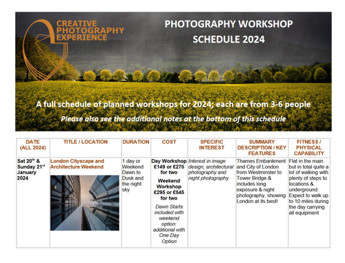 Creative Photography Experience Workshop Schedule 2024