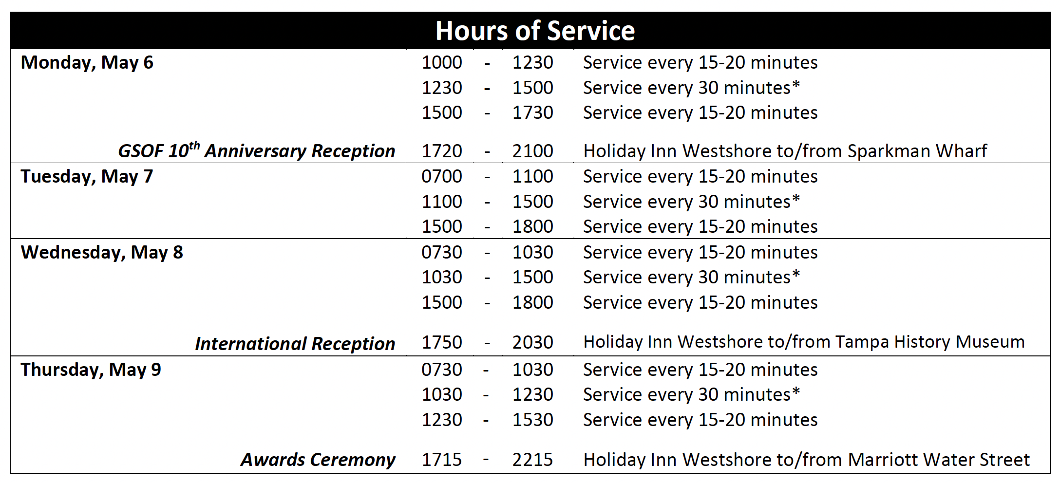 Holiday inn schedule