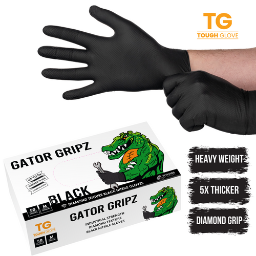 Limited Edition Black Gator Gripz – Heavy-Duty Diamond Textured Black Nitrile Gloves for Maximum Grip, Durability & Chemical Resistance 12 MIL Thick