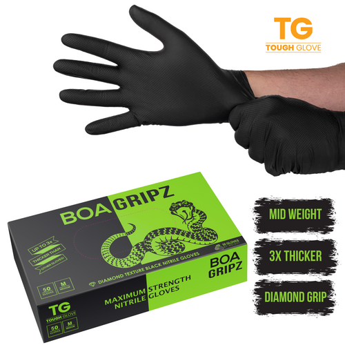 BOA Gripz – Mid-Weight Diamond Textured Nitrile Gloves for Superior Grip, Flexibility & Chemical Resistance