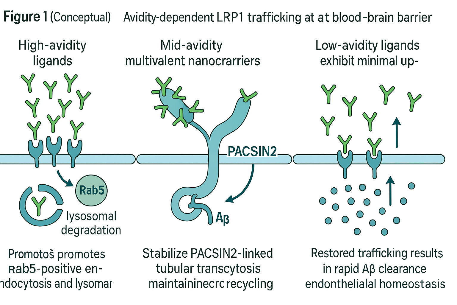 Schematic overview of avidity-dependent LRP1 trafficking at the blood–brain barrier.