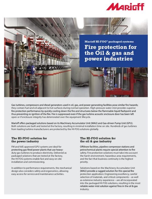 Marioff HI-FOG® packaged systems. Fire protection for the Oil & gas and power industries