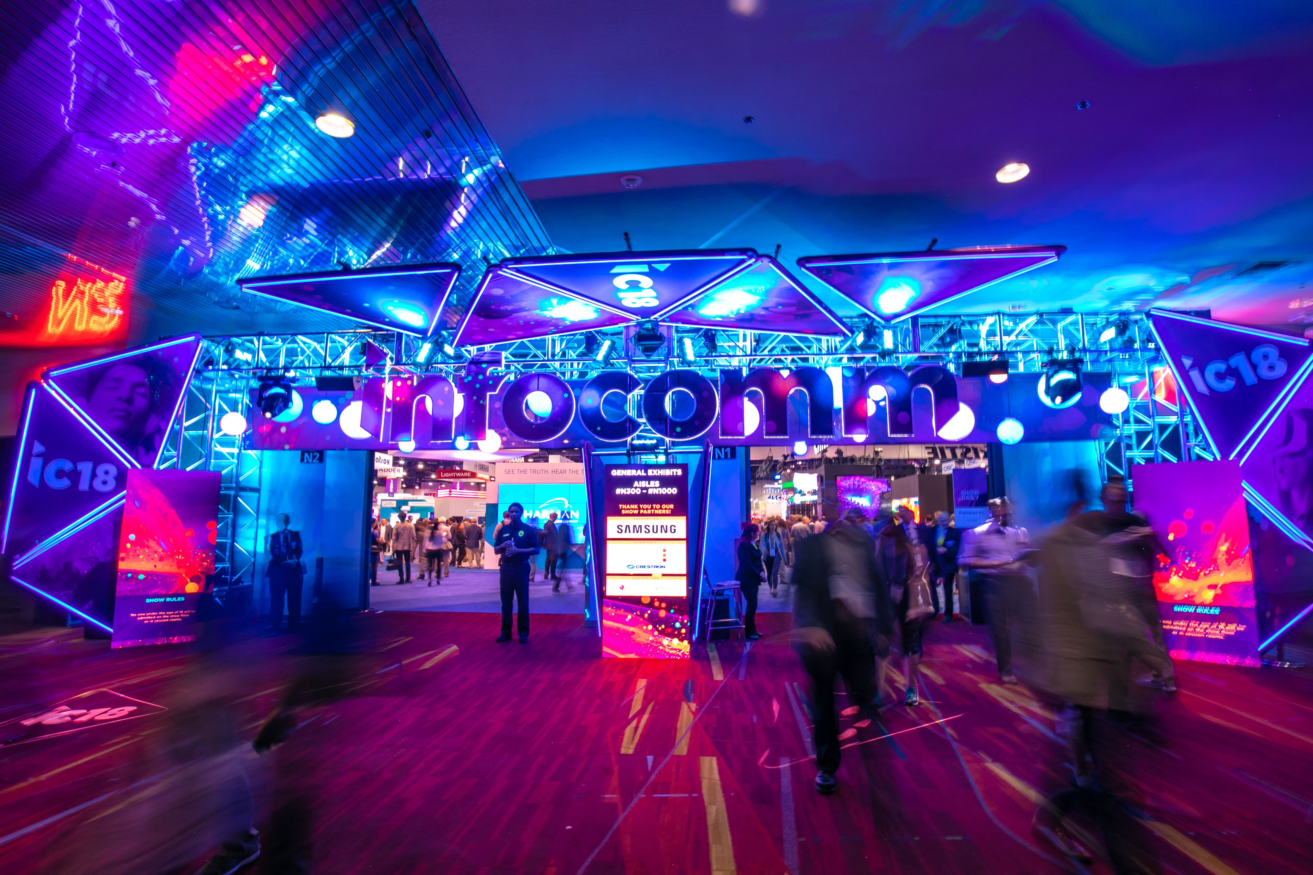 Brightly lit LED visual display with digital signage at InfoComm entrance in Las Vegas