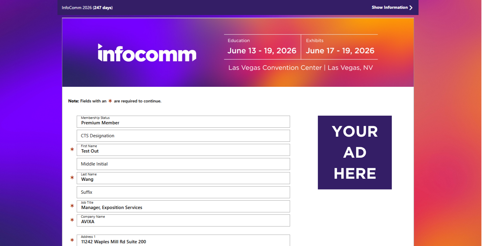Registration Website Example of an Ad Placement