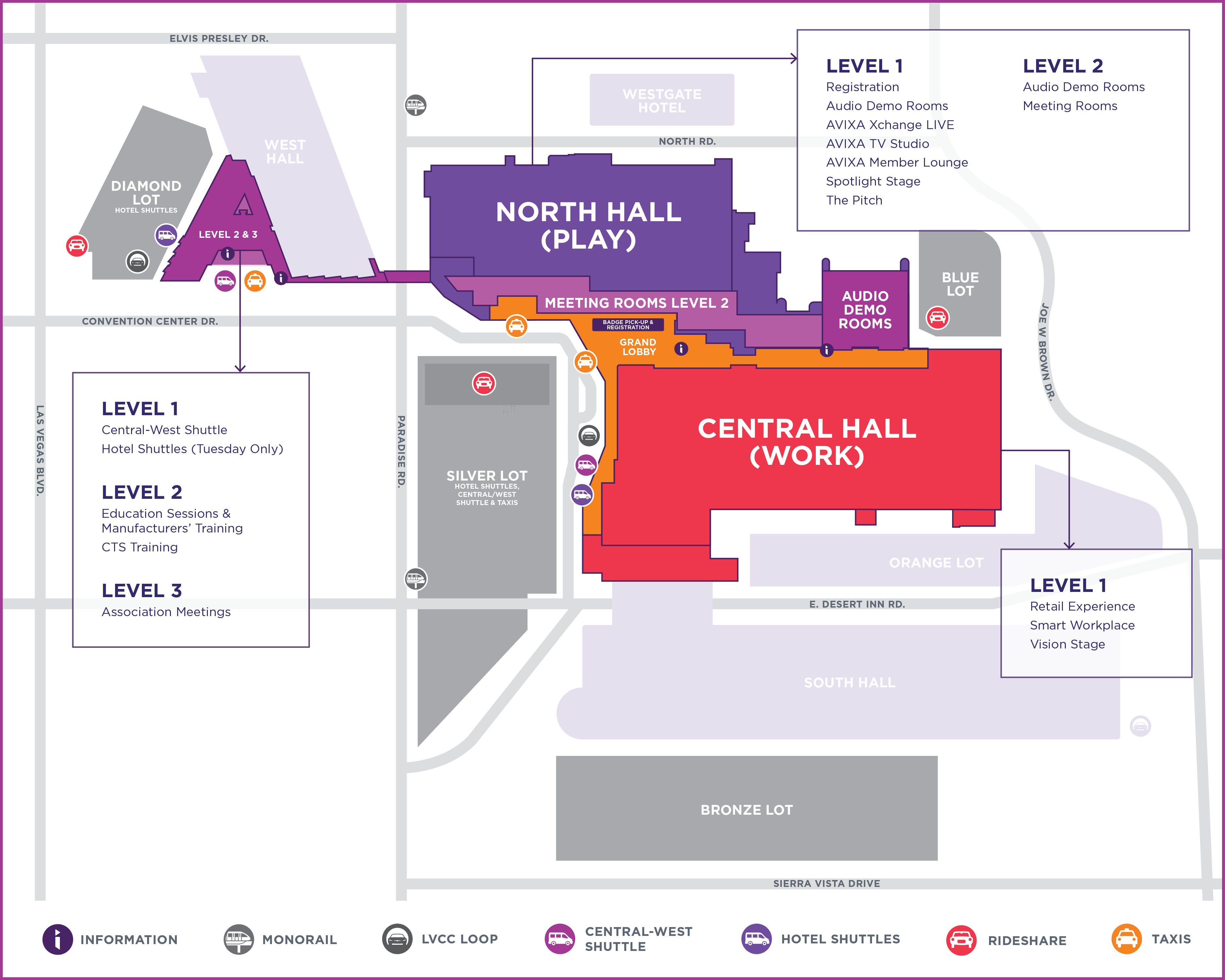 Overview map of the Las Vegas Convention Center for InfoComm 2026 showing locations for parking, taxi, rideshare, monorail, shuttles, and the loop.