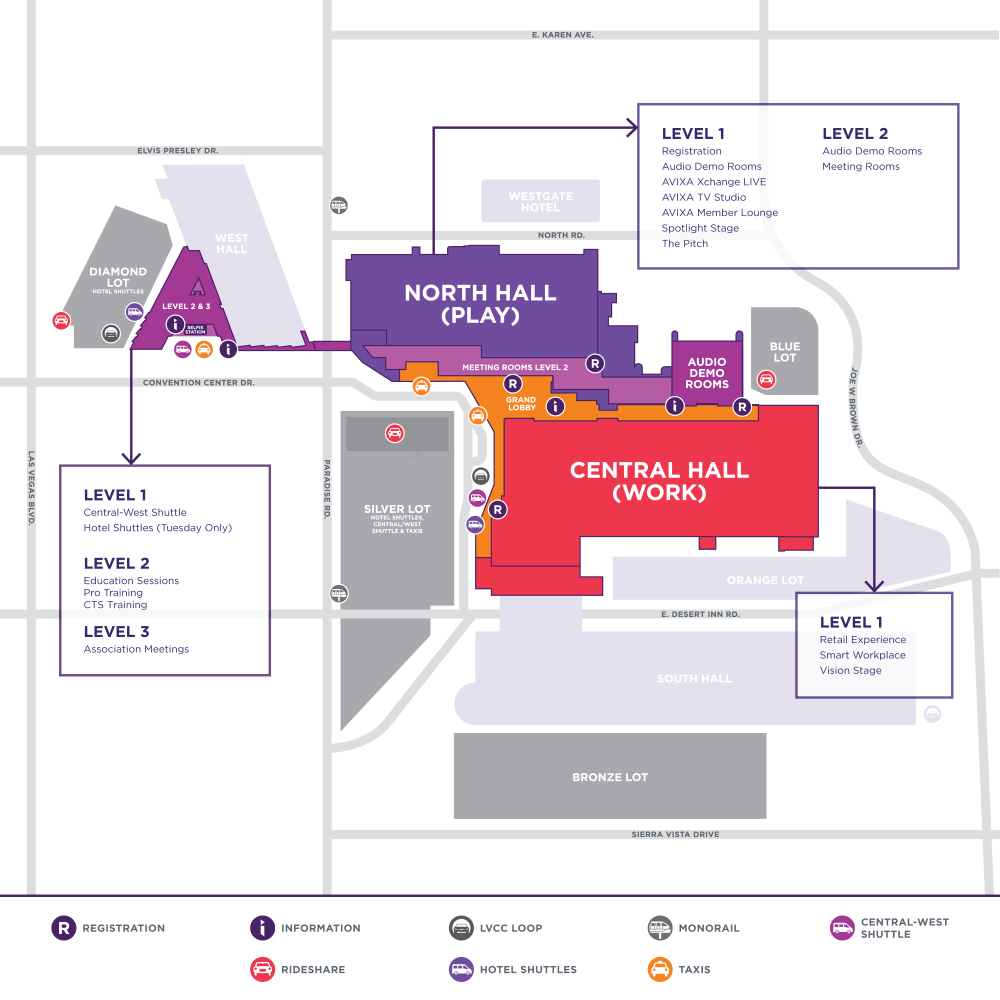 Overview map of the Las Vegas Convention Center for InfoComm 2026 showing locations for parking, taxi, rideshare, monorail, shuttles, and the loop.