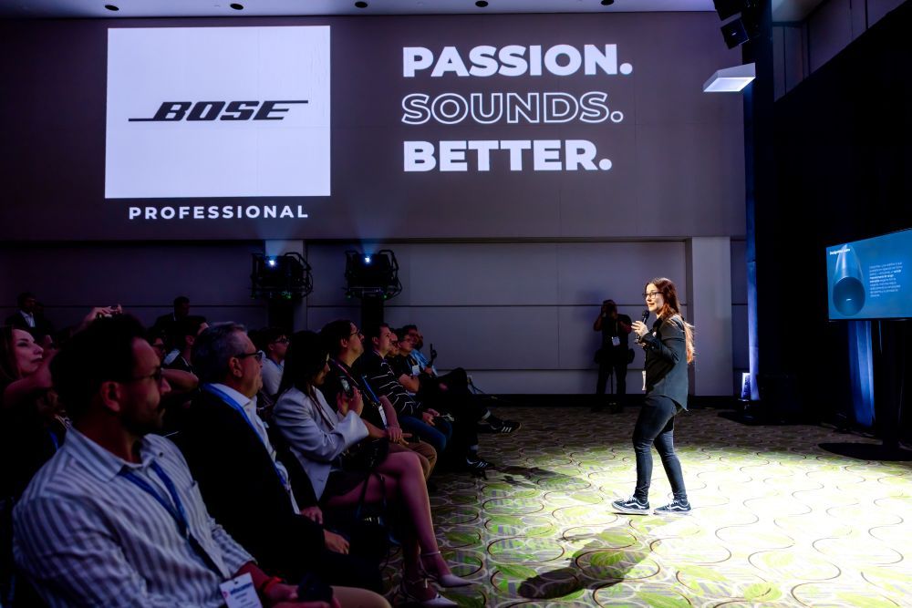 Bose shows off their speakers in their audio demo room at InfoComm