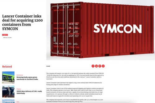 LANCER CONTAINER INKS DEAL FOR ACQUIRING 1200 NOS. CONTAINERS WITH SYMCON