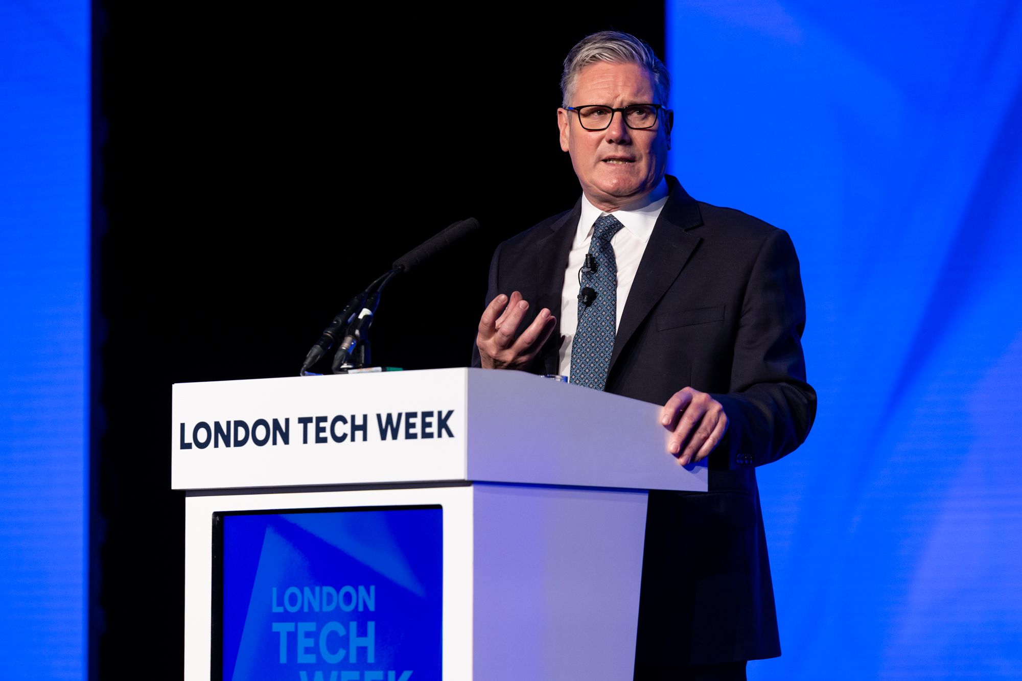 Keir Starmer talking on the Main Stage at London Tech Week 202