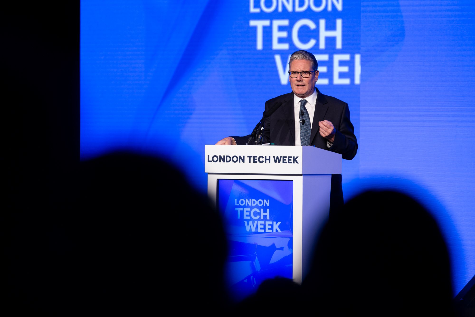 Keir Starmer talking on the Main Stage at London Tech Week 2025