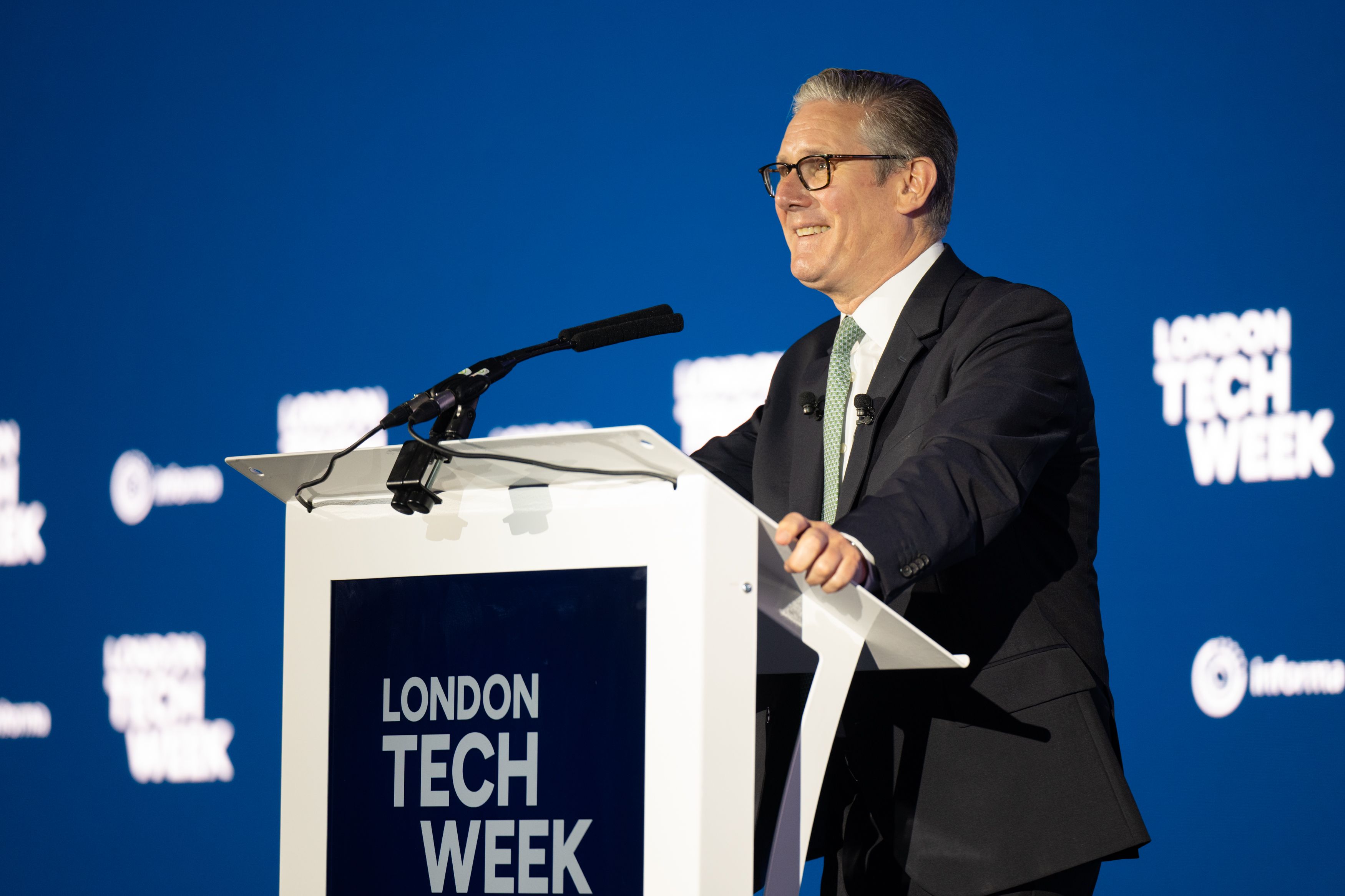 Keir Starmer talking on the Main Stage at London Tech Week 2026