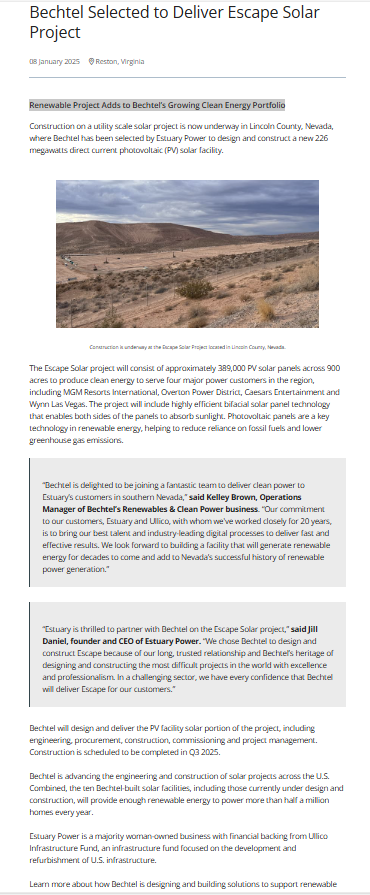 Bechtel Selected to Deliver Escape Solar Project
