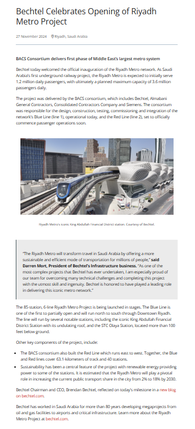 Bechtel Celebrates Opening of Riyadh Metro Project
