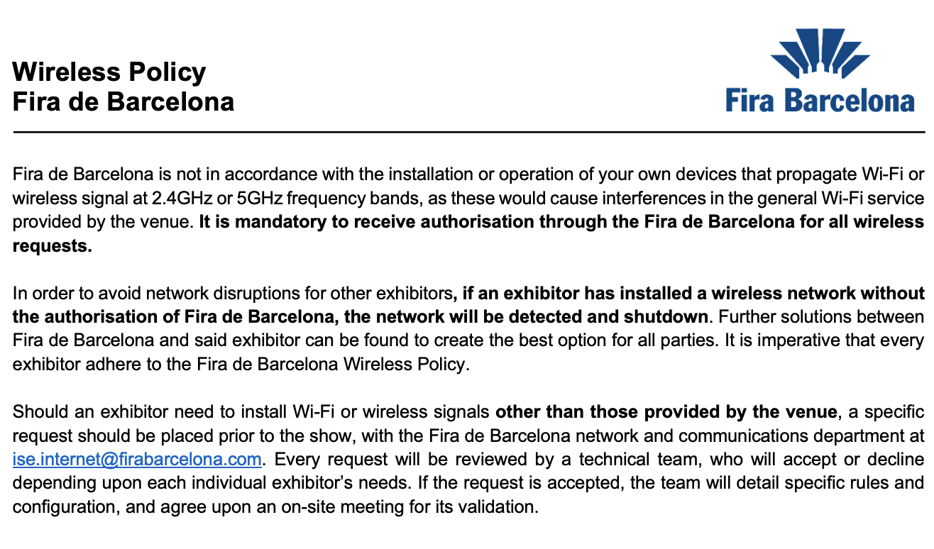 Exhibitor Wireless Policy ISE 2023