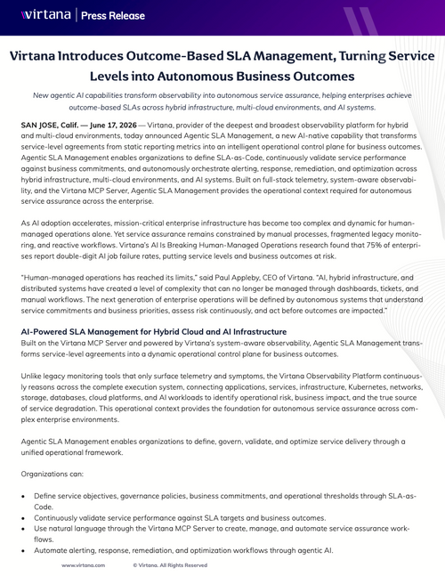 Virtana Introduces Outcome-Based SLA Management, Turning Service Levels into Autonomous Business Outcomes