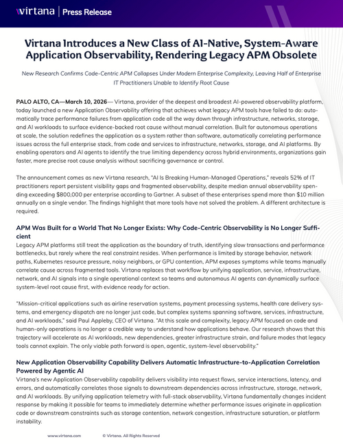 Virtana Introduces a New Class of AI-Native, System-Aware Application Observability, Rendering Legacy APM Obsolete