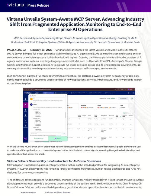 Virtana Unveils System-Aware MCP Server, Advancing Industry Shift from Fragmented Application Monitoring to End-to-End Enterprise AI Operations