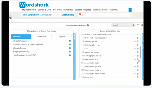 Word lists and Courses available in Wordshark