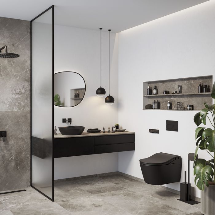 RP Toilet, WASHLET RW and asymmetrical TA Vessel in Matte White and Matte Black