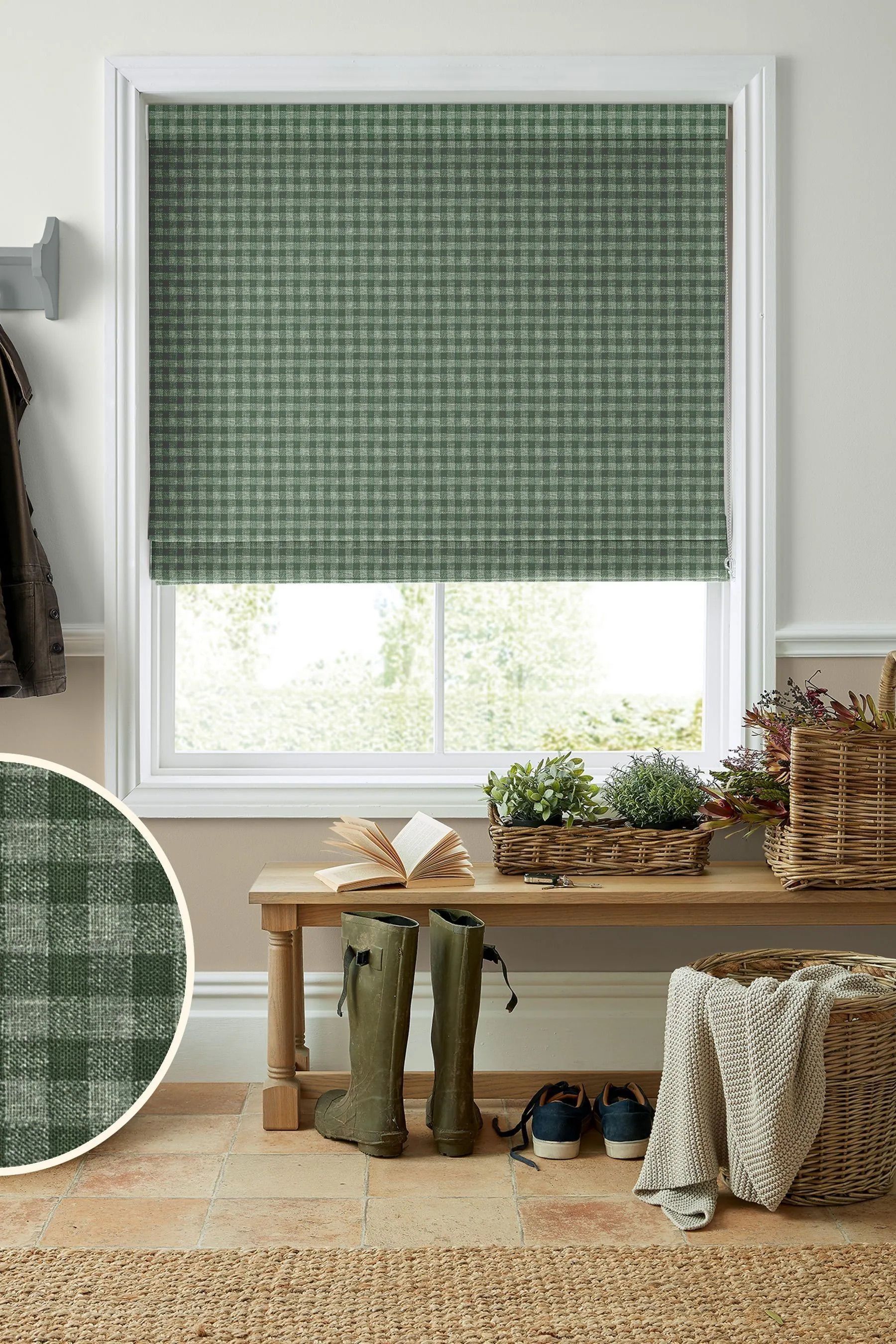 Gingham Made to Measure Roman Blind - Bottle Green 