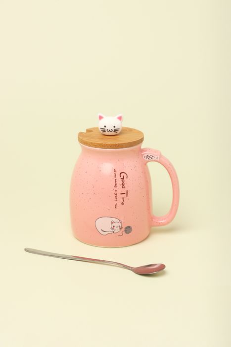 CAT MUGS CUTE CERAMIC COFFEE TEA CUP WITH LID AND SPOON