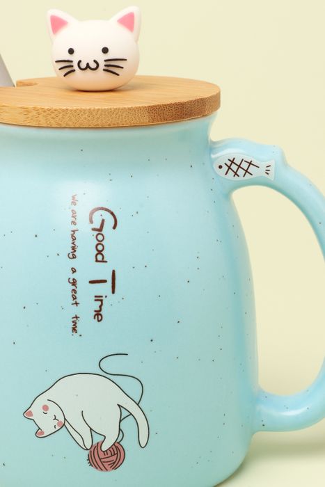 CAT MUGS CUTE CERAMIC COFFEE TEA CUP WITH LID AND SPOON