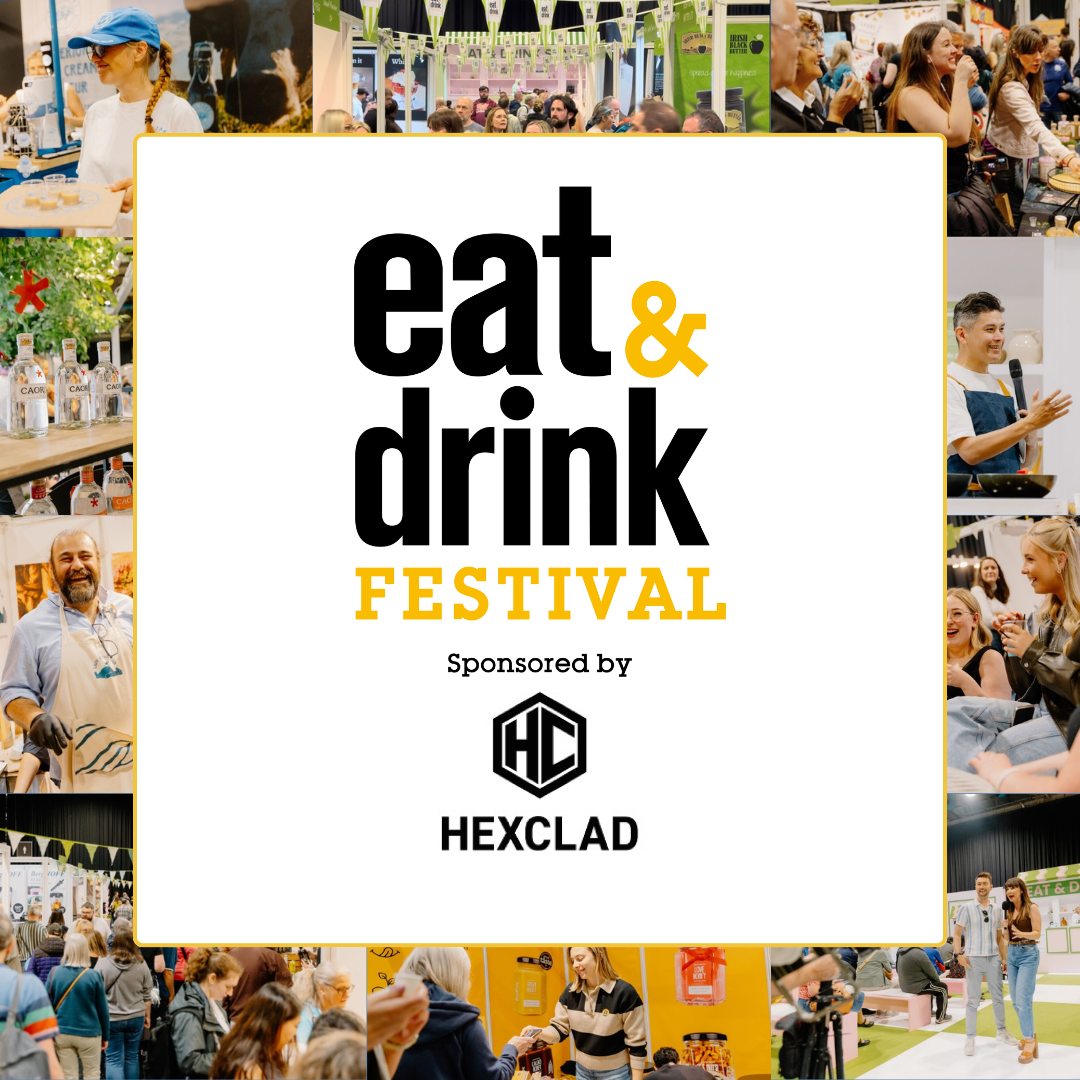 White square surrounded by images of the Eat & Drink Festival, with the Festival Logo featured in the centre.