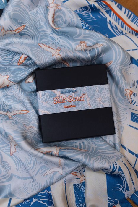 Flight Through Twilight Clouds – Blue Linocut Silk Scarf 