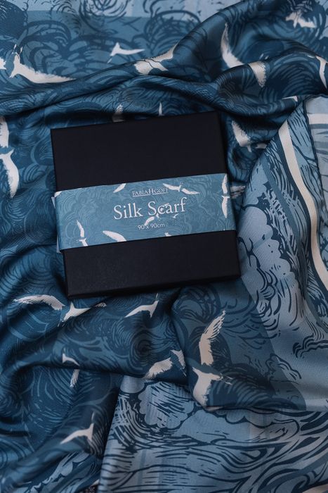 Flight through the clouds - Pastel Blue Linocut Silk Scarf 